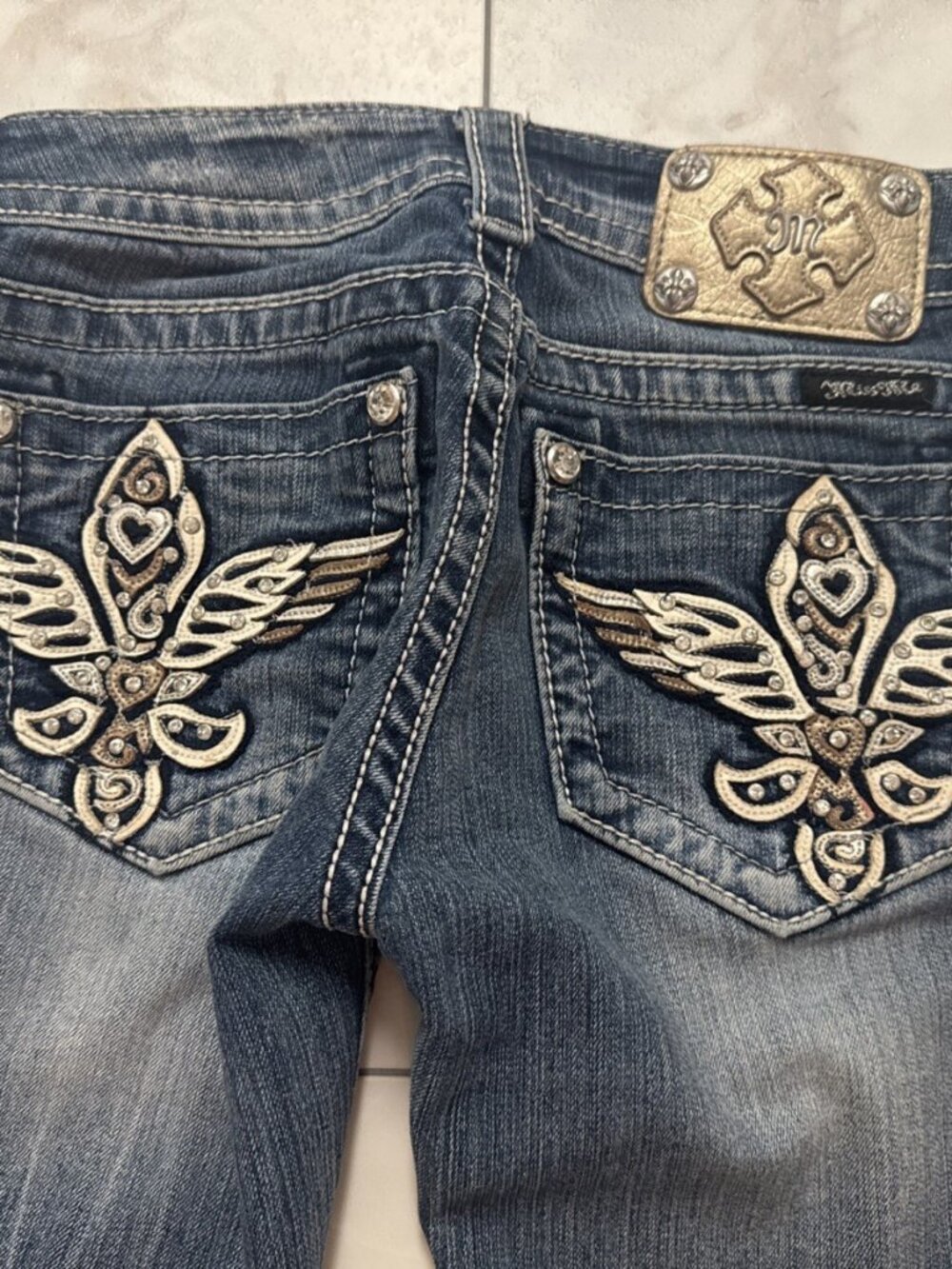 Miss Me Jeans Womens 25 Blue Denim Embellished Bling Skinny Low 29x32